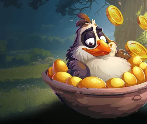 Kokobet kip in een nest vol gouden munten